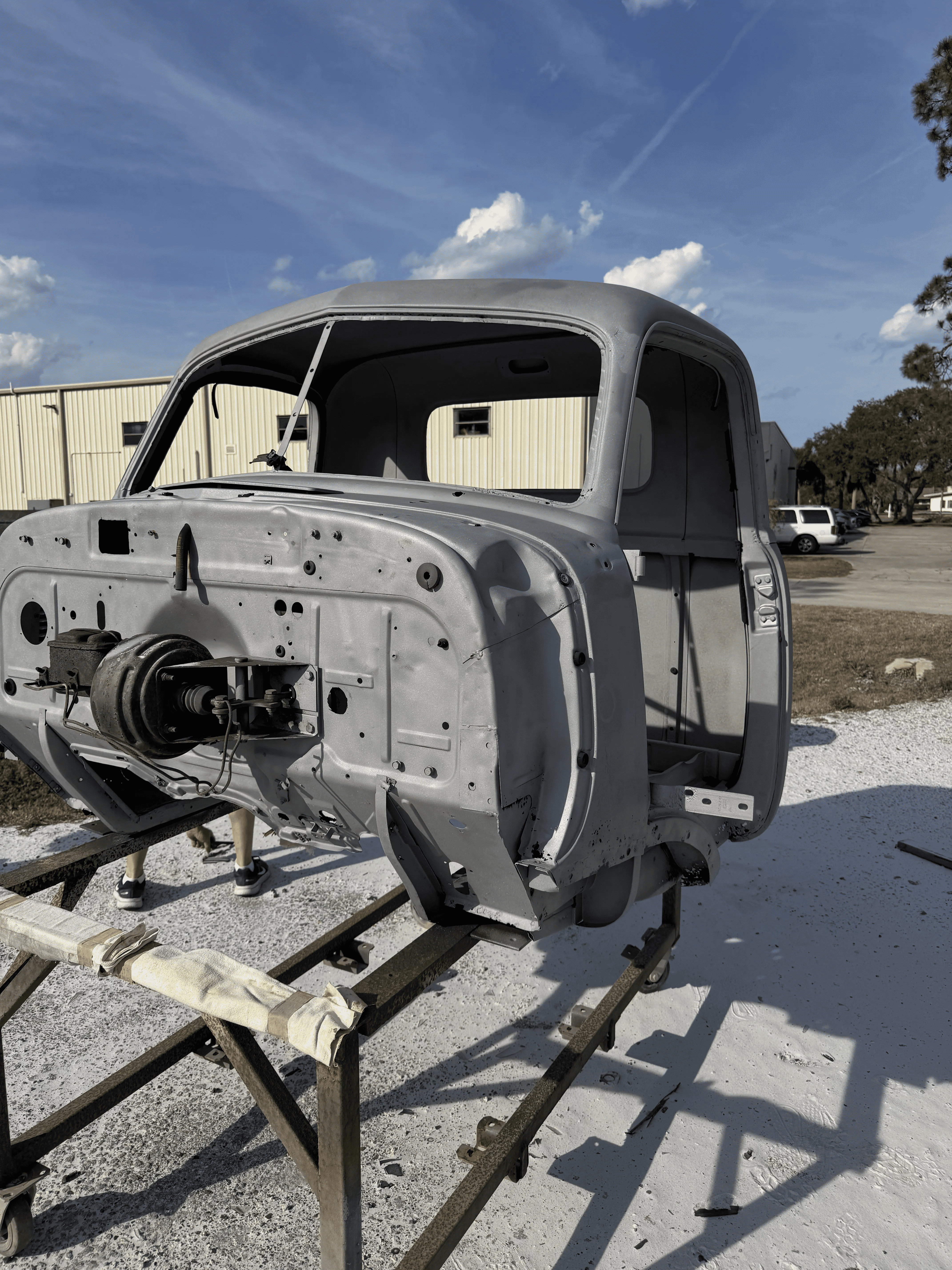 Classic truck cab after sand blasting removed rust and aged paint