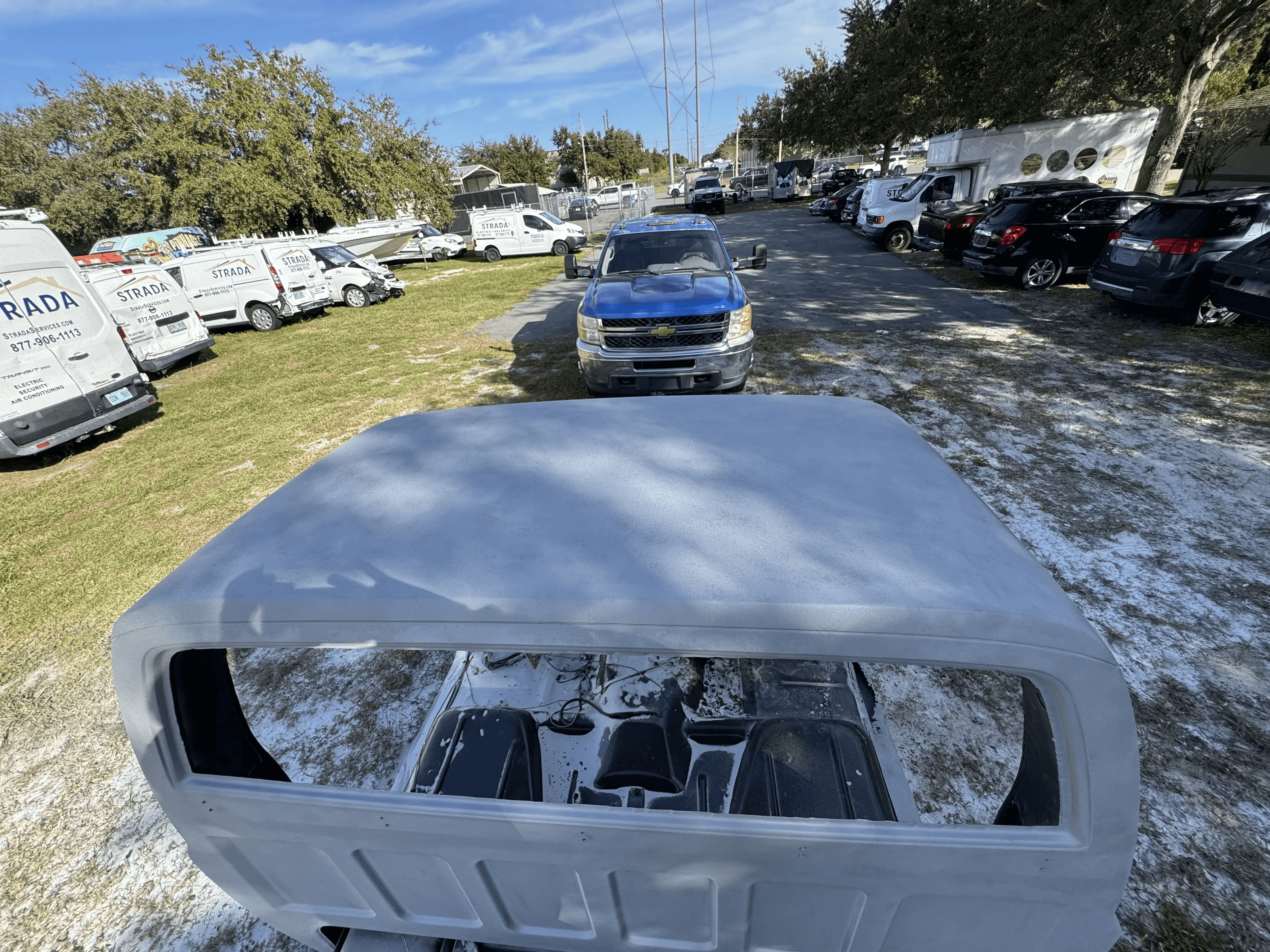 Truck cab roof after sand blasting and surface preparation