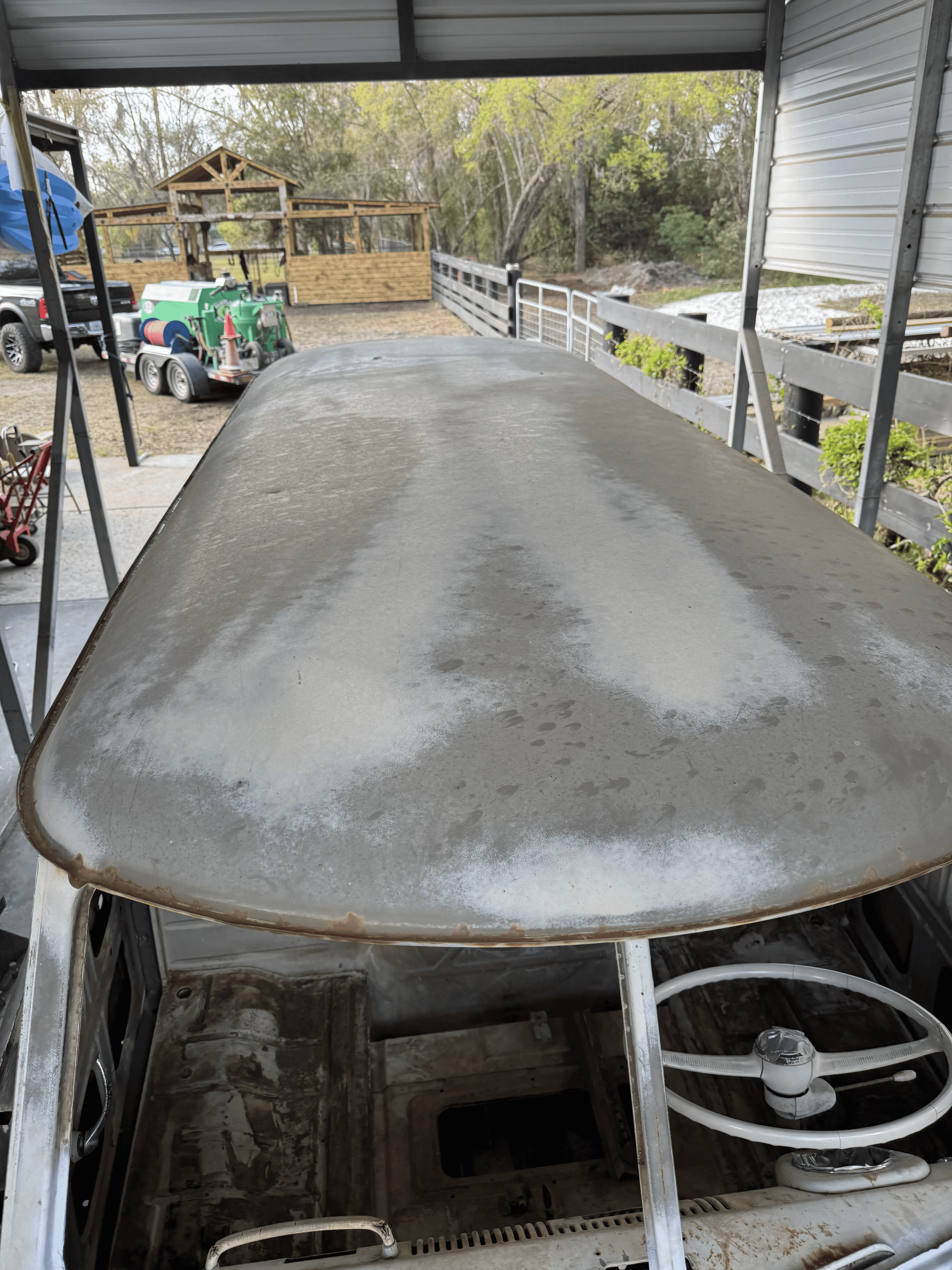 Classic van roof before sand blasting and surface preparation