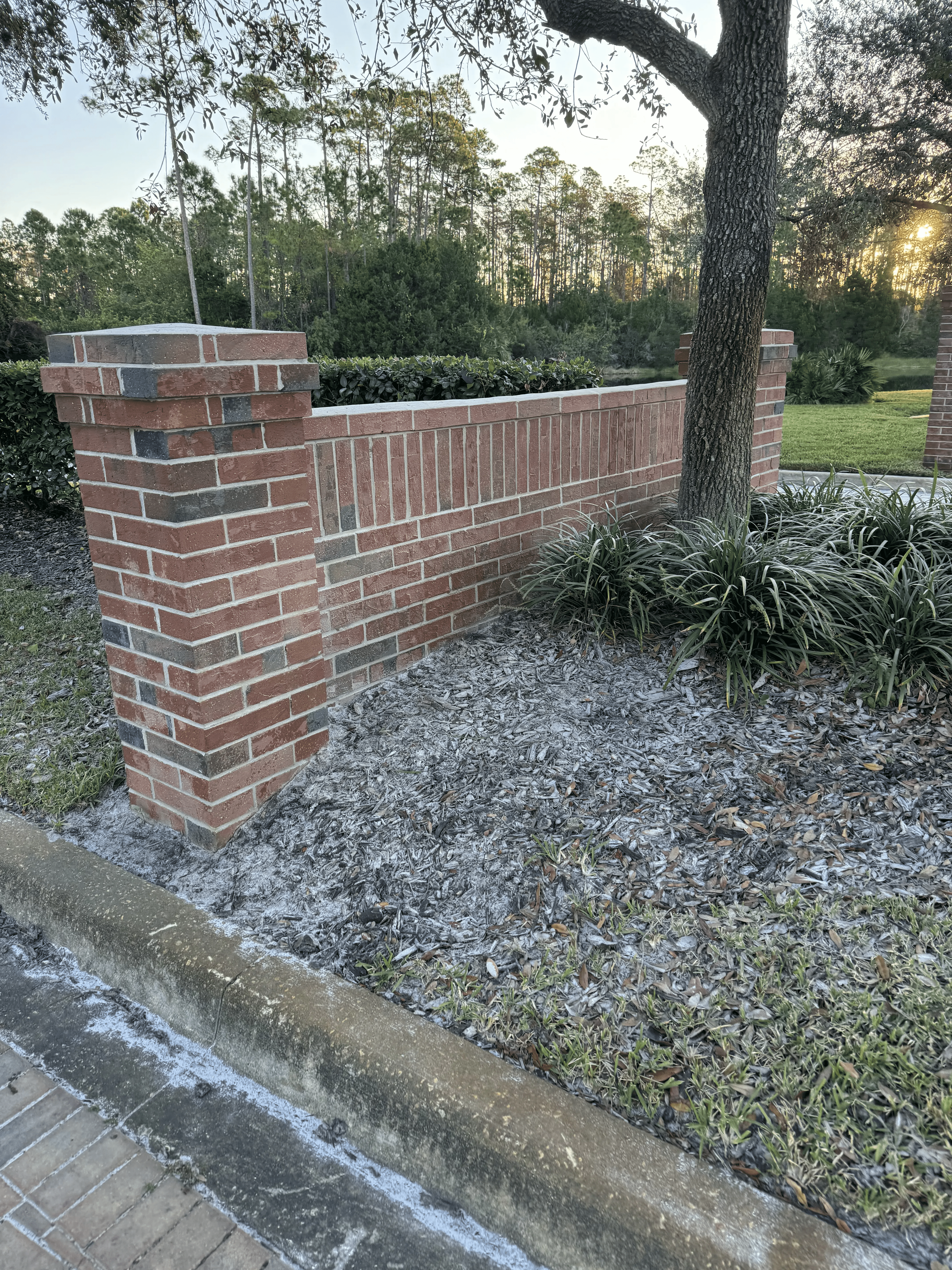 Brick column and wall after masonry surface cleaning