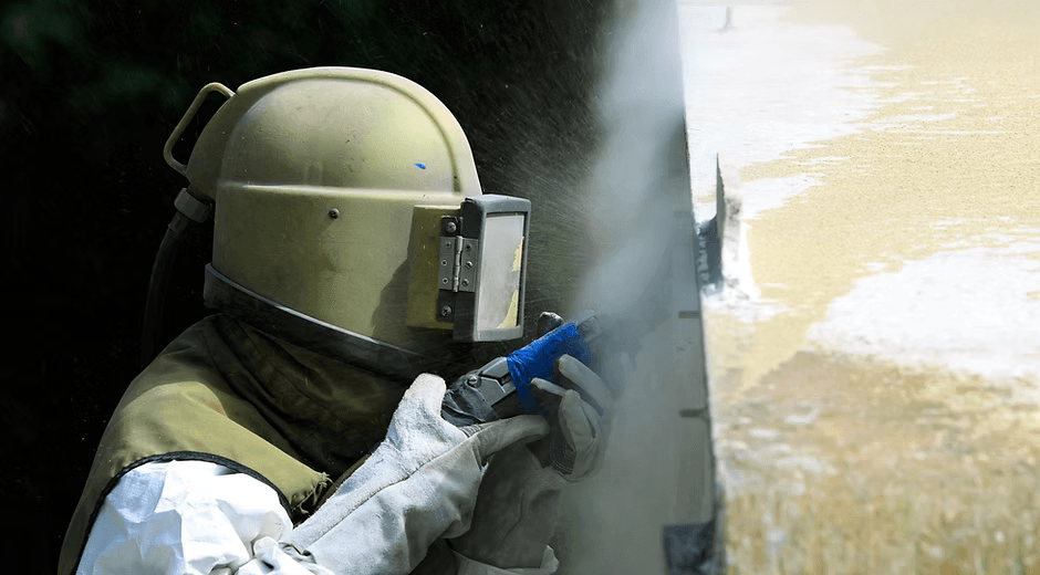 Professional sand blasting technician at work
